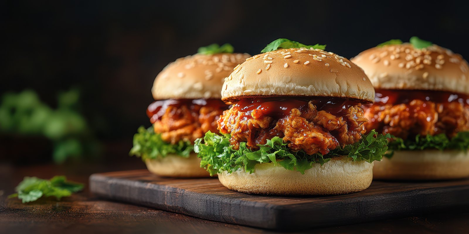 Juicy chicken burgers topped with spicy sauce and fresh lettuce served on sesame seed buns in a rustic setting